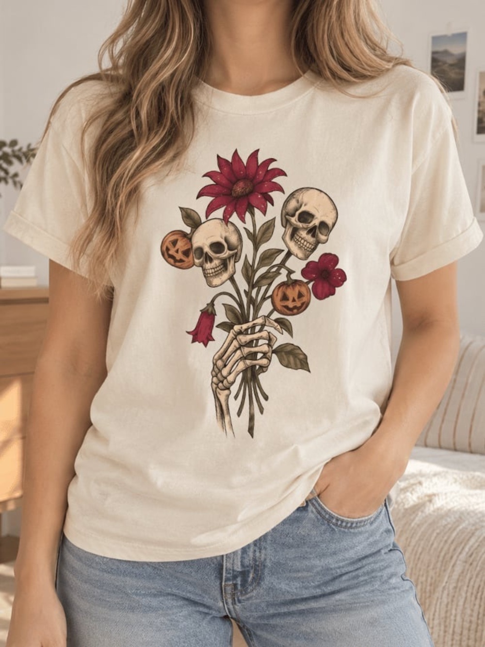 Gildan Natural Graphic Tee with Gothic Skull & Pumpkin Floral Bouquet